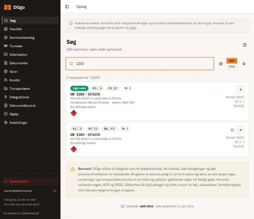 DGgo på computer: opslag af en vare med ADR-oplysninger